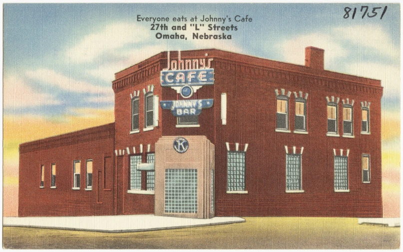 a vintage colored postcard showing a small cafe