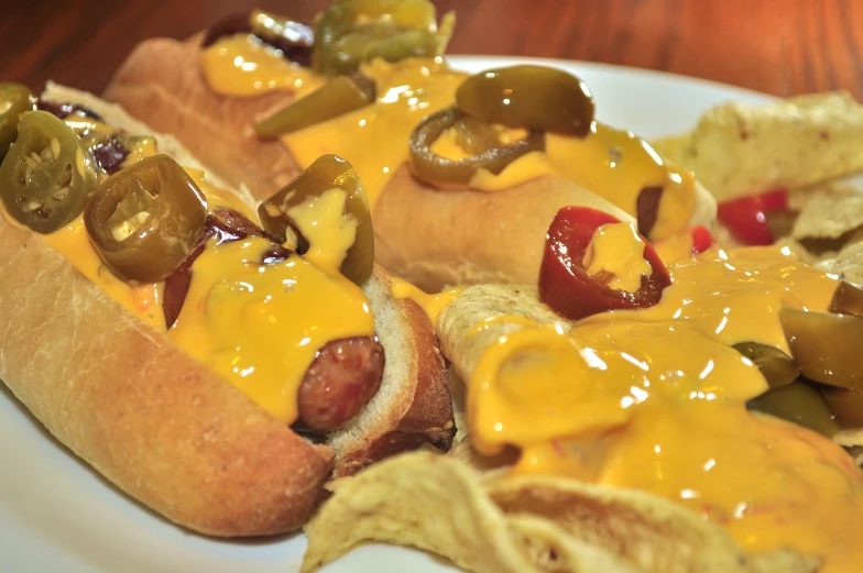 a close up of two  dogs on a plate with cheese and chili