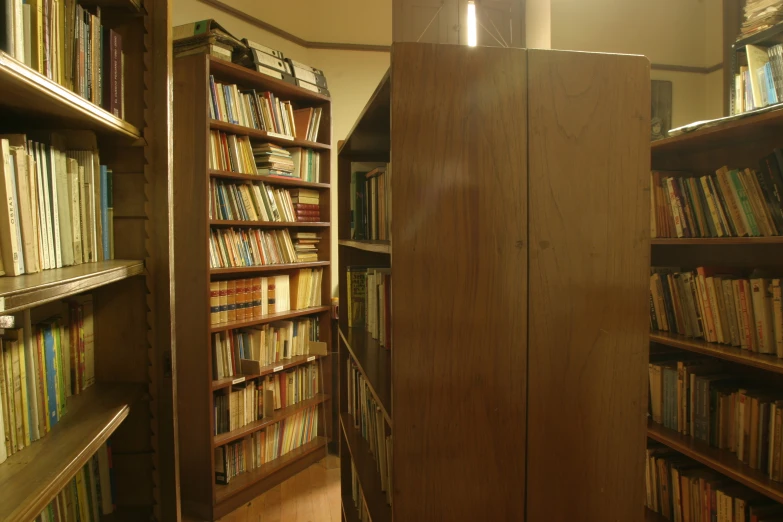 books on the shelves in the liry are brown