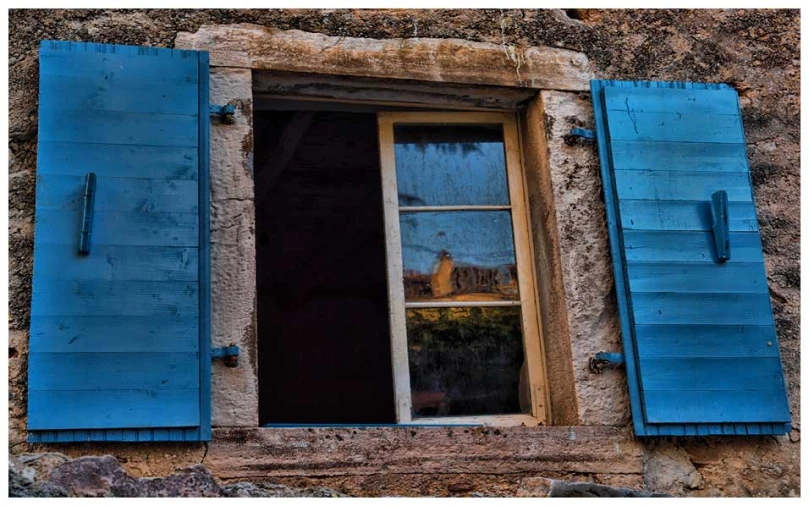 a cat is sitting in a blue window