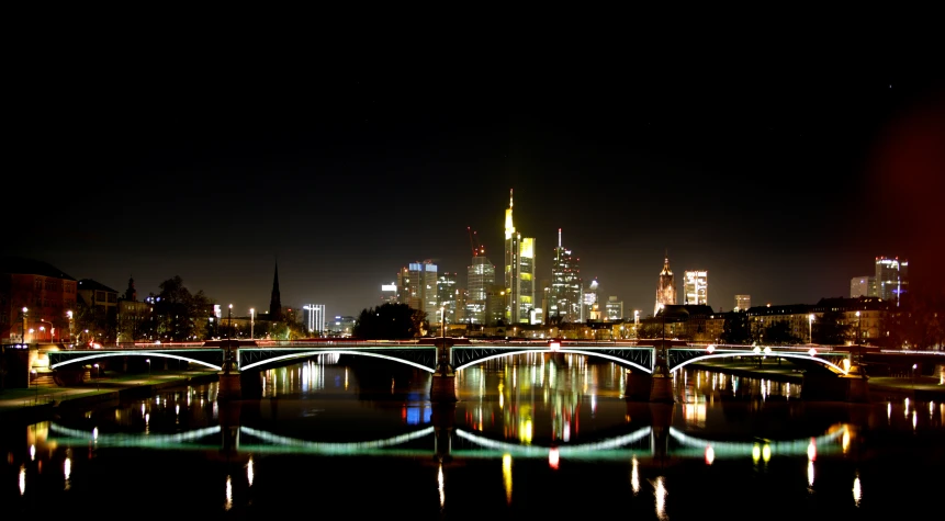 a large city in the distance across a bridge over a river