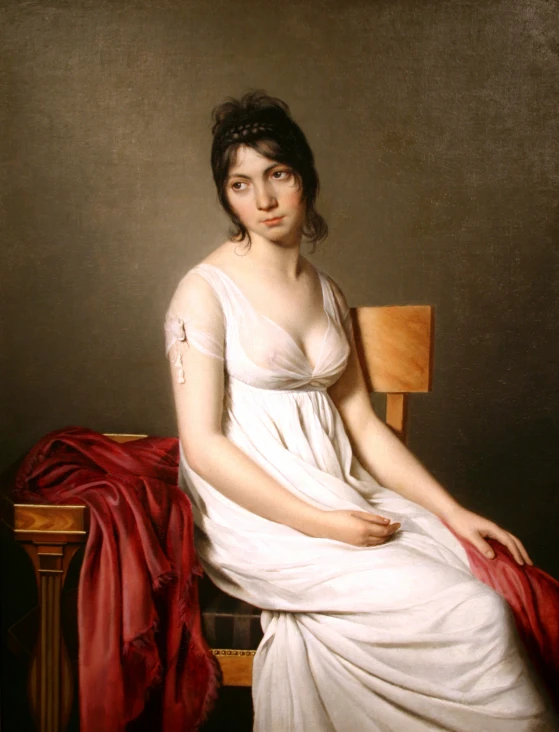 an oil on canvas of a woman in white dress sitting on a chair