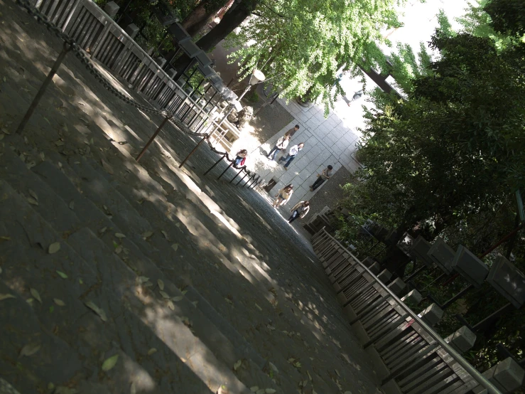 the view from behind of people sitting on benches and walking in a park