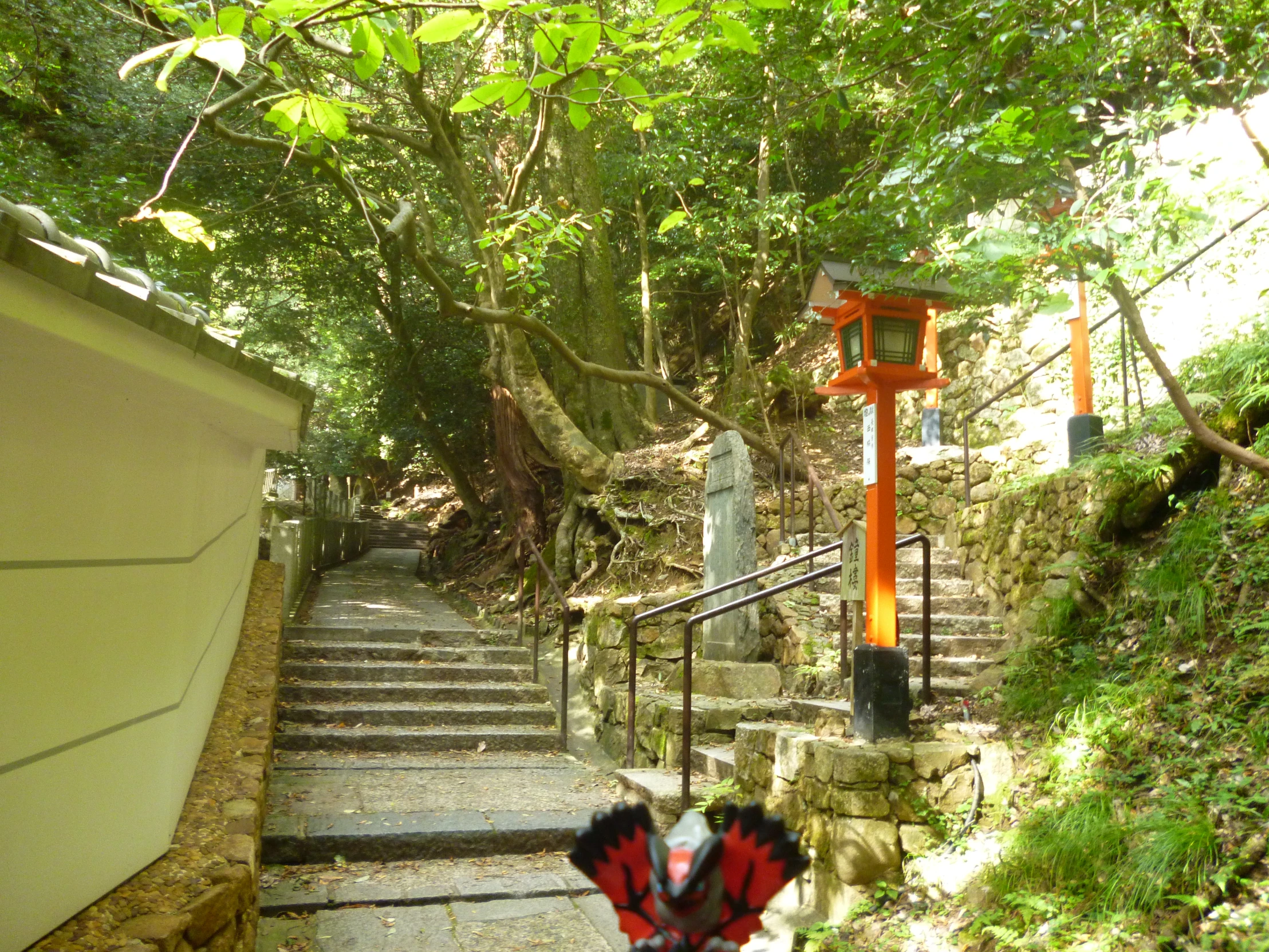 stairs in a garden leading up to some tall orange gates