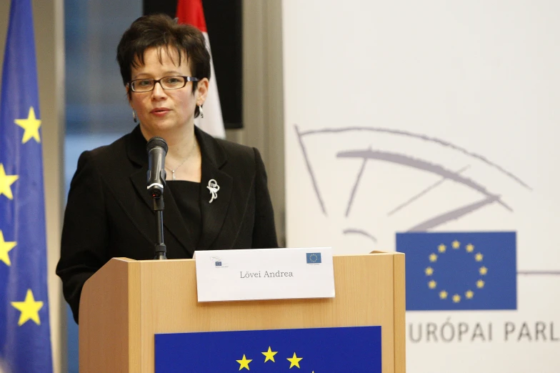 a woman at a podium at an event with flags behind her