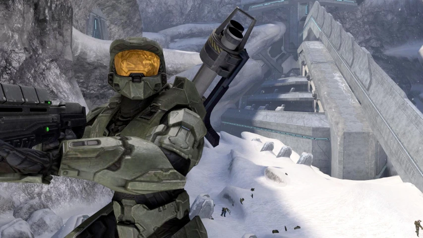 a video game featuring a halo in an icy snowy landscape