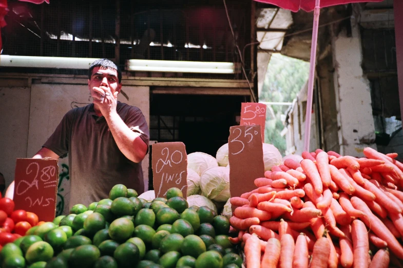 a man with a hand on his face and fruit