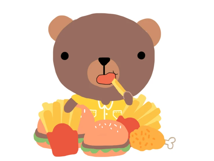 a cartoon bear eating a hamburger with fries