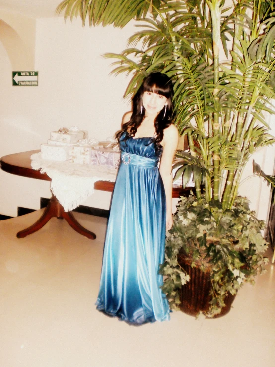 a beautiful woman in a blue gown standing next to a plant