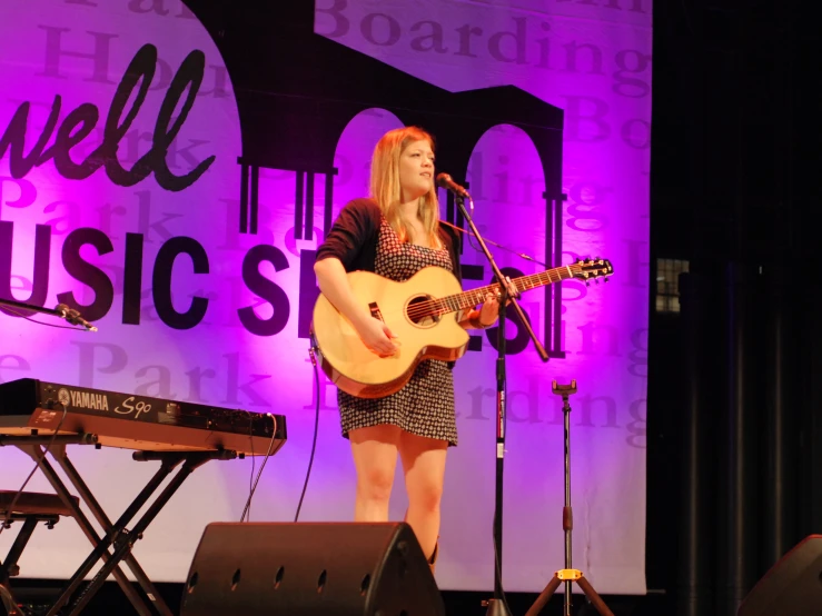 a woman is playing an acoustic instrument on stage