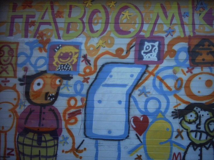 a wall covered in graffiti depicting the number one