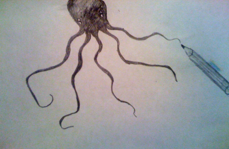 a pen and a drawing of an octo with its tail raised