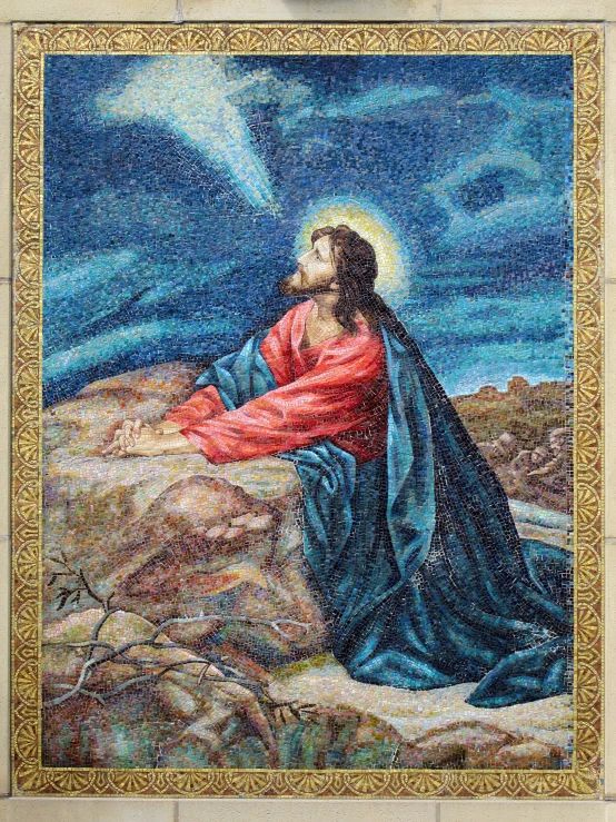 the painting of jesus with red and blue dress on