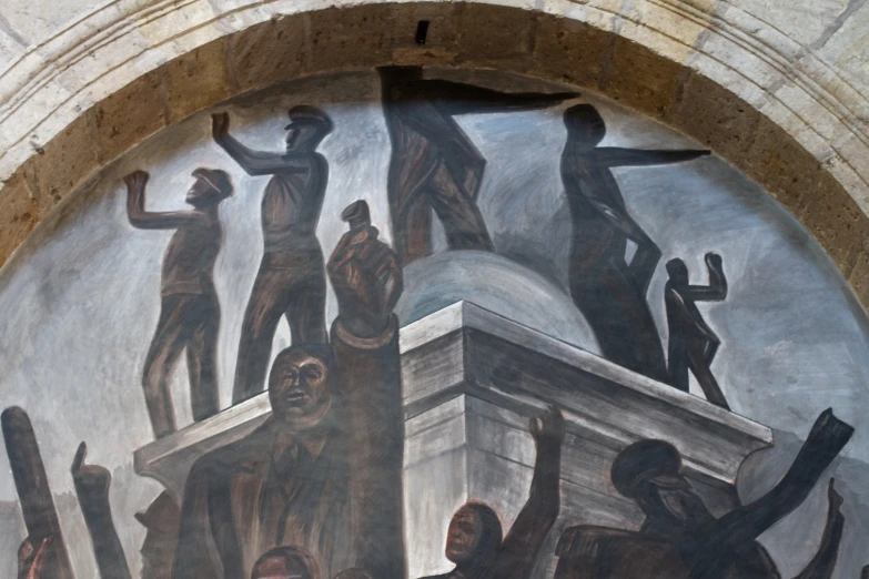 painting of people reaching into the sky from an archway