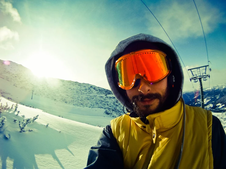 a man wearing a yellow jacket and ski goggles