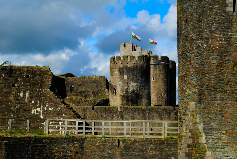 a castle with flags on a partly cloudy day