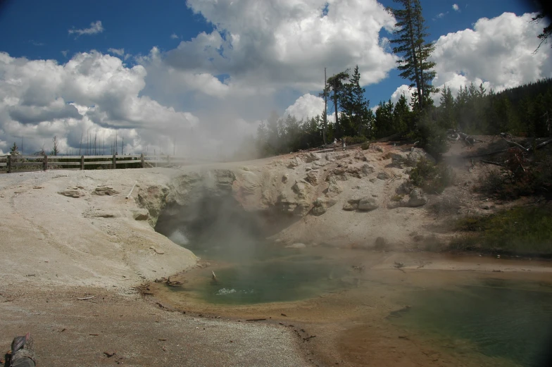 a steam filled hole surrounded by trees