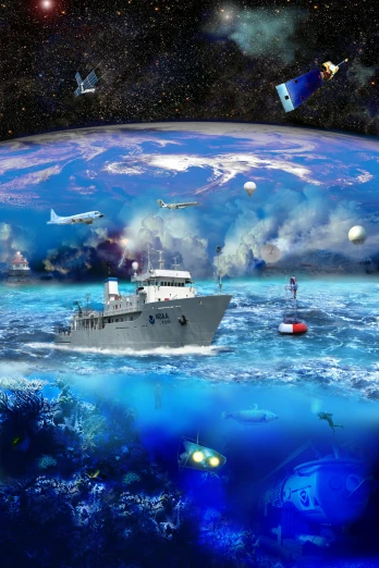 an artist's rendering of a ship floating in a vast ocean