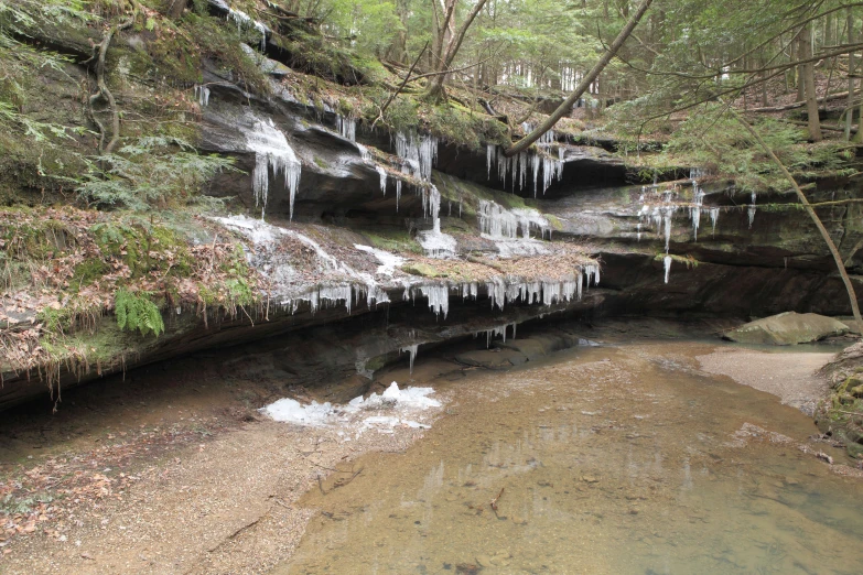 ice and icicles hanging on a rock formation