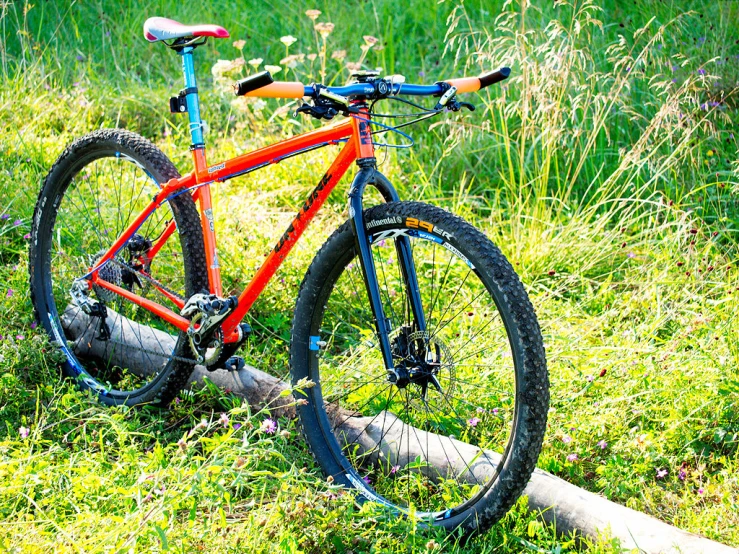 a mountain bike sitting in the grass near a log