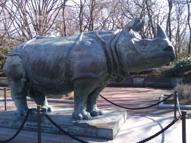 rhino statue displayed in outdoor enclosure in tree - lined area