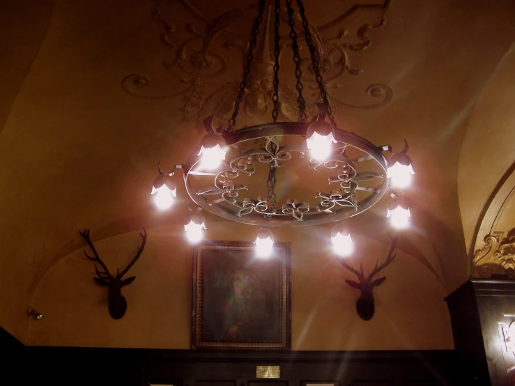 a circle light hangs above a doorway with deer heads