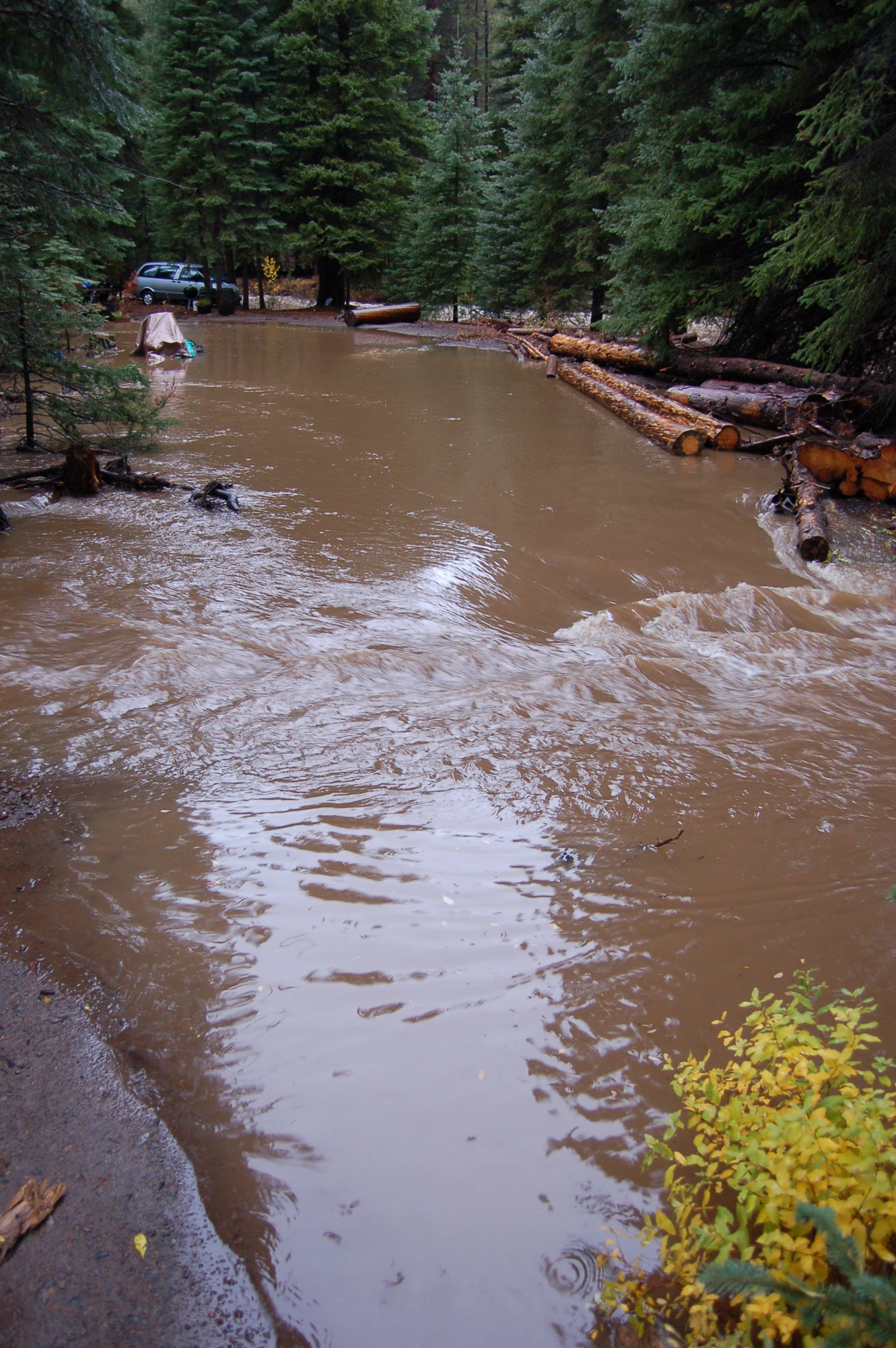 the people are wading through a muddy water way