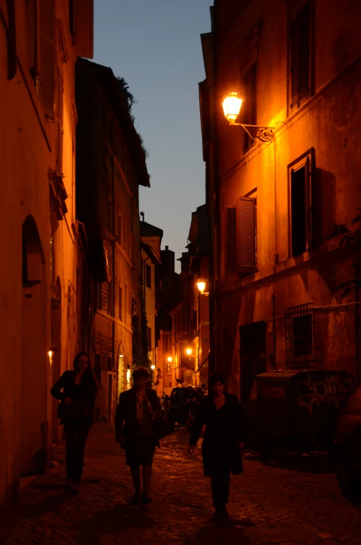 the people are walking around on the cobblestone street