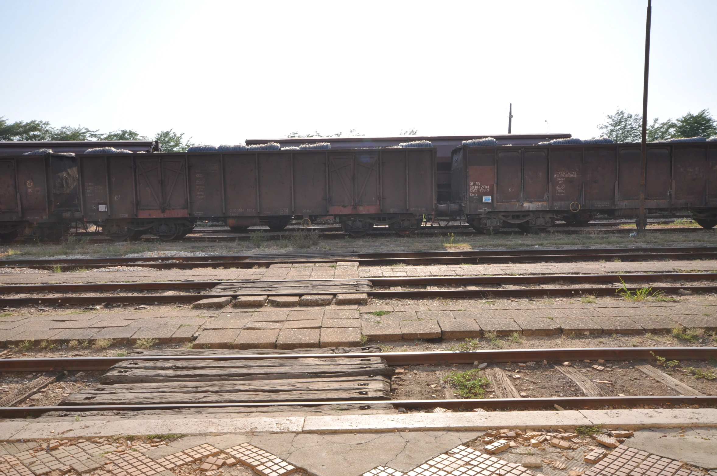 some railroad train tracks are lined with dirt