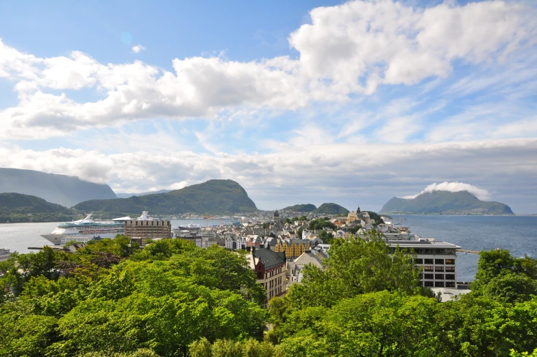 this is the view of a city along the water