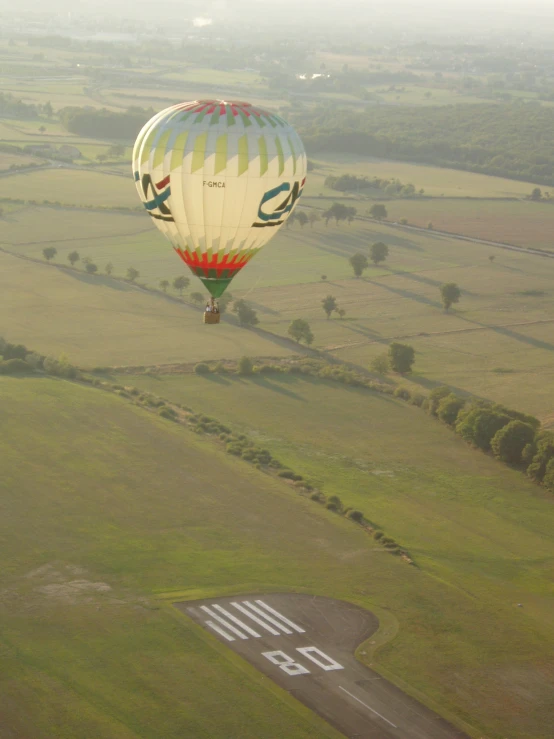 an airplane in the air with a  air balloon