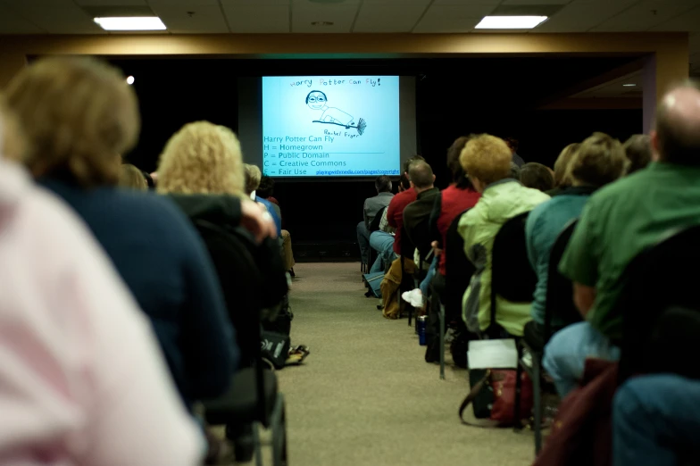 a crowd in an auditorium is watching a presentation