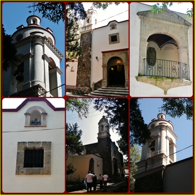 multiple pictures of various architecture and a large tower