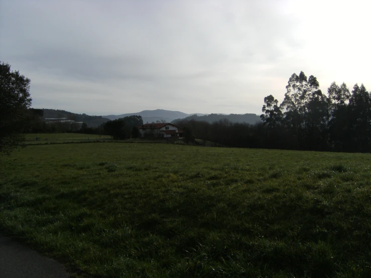 a grassy field in front of houses in the distance