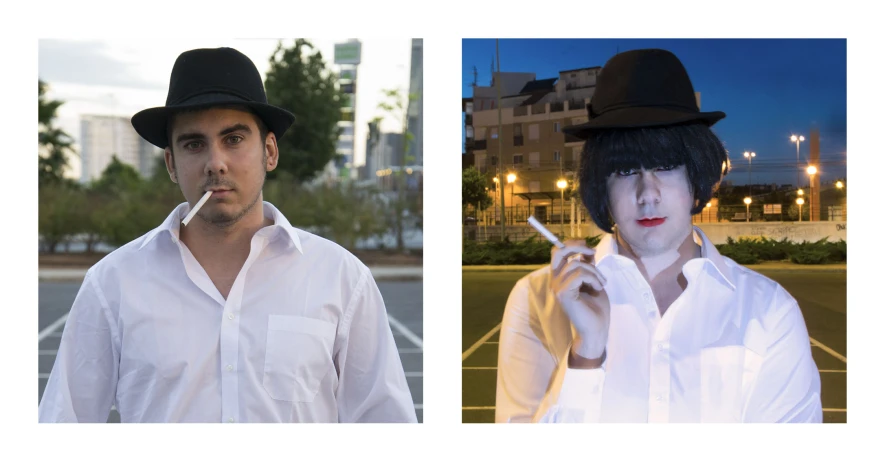 two pictures one with a white shirt and black hat, the other with a black top hat