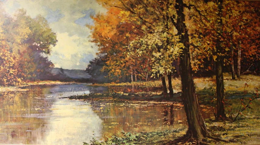 the painting shows a large lake that's surrounded by trees