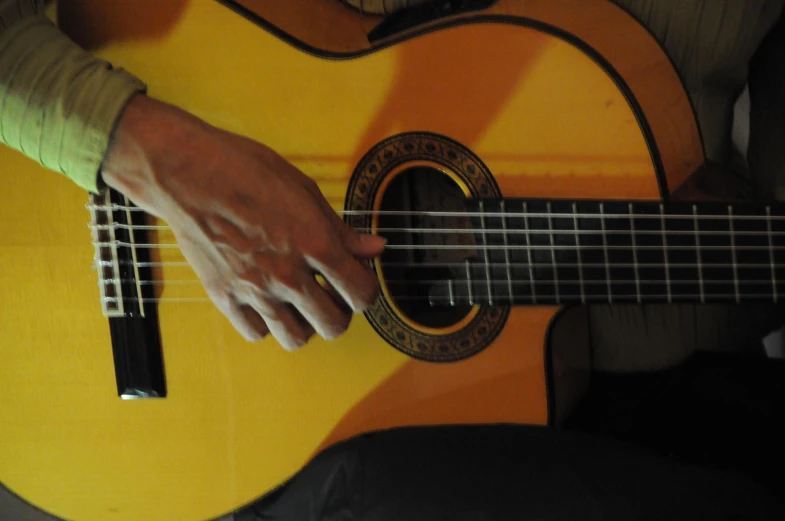 the hand is resting on the top of a guitar