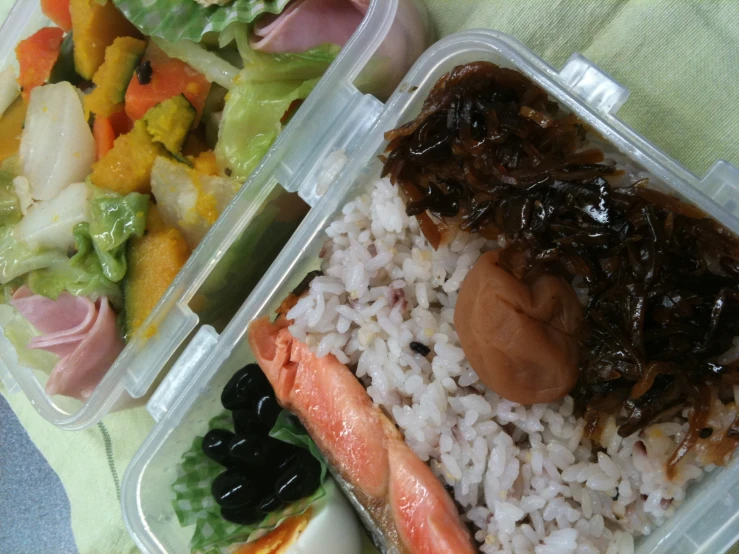 two plastic containers with food and some vegetables