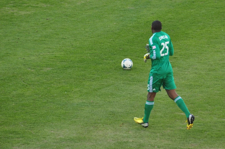 a soccer player about to kick the ball