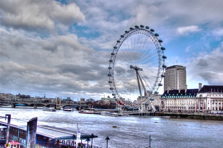 a large ferris wheel is in the distance on a cloudy day