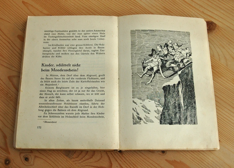an old book opened on a table with ink drawings