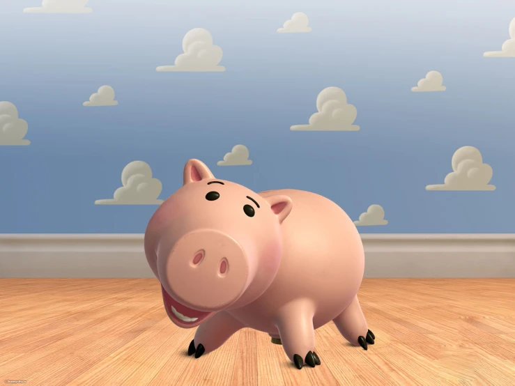 a piggy bank with its mouth open on a wood floor