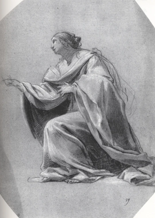 a black and white drawing of a lady with long hair