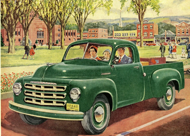 a drawing of an old green truck on the side of the road