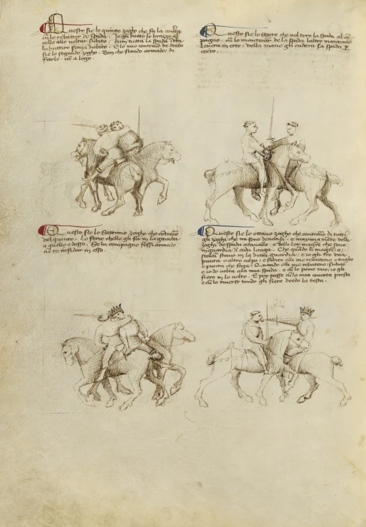 a drawing of horses with men on them
