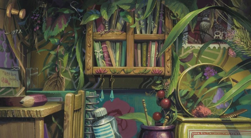 a painting of a garden in an indoor setting