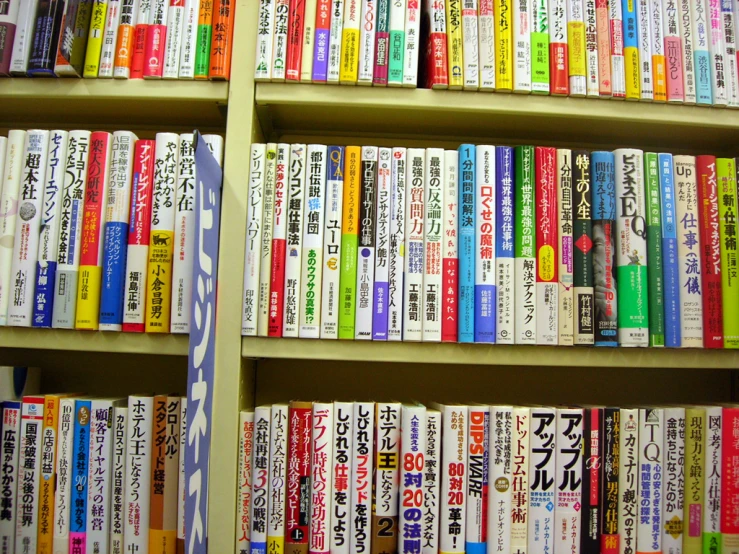 rows of books in a japanese language on shelves