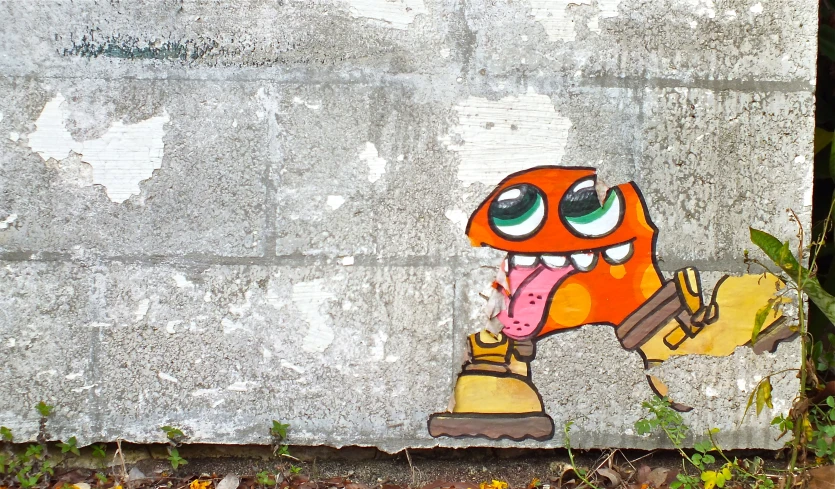 a graffiti painting with an orange color and green eyes