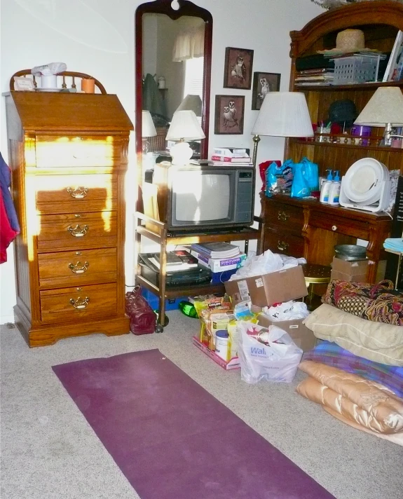 a room with an odd dresser, tv, chest and purple rug
