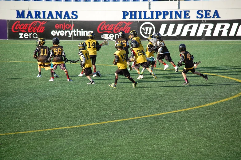 a group of people standing on top of a soccer field